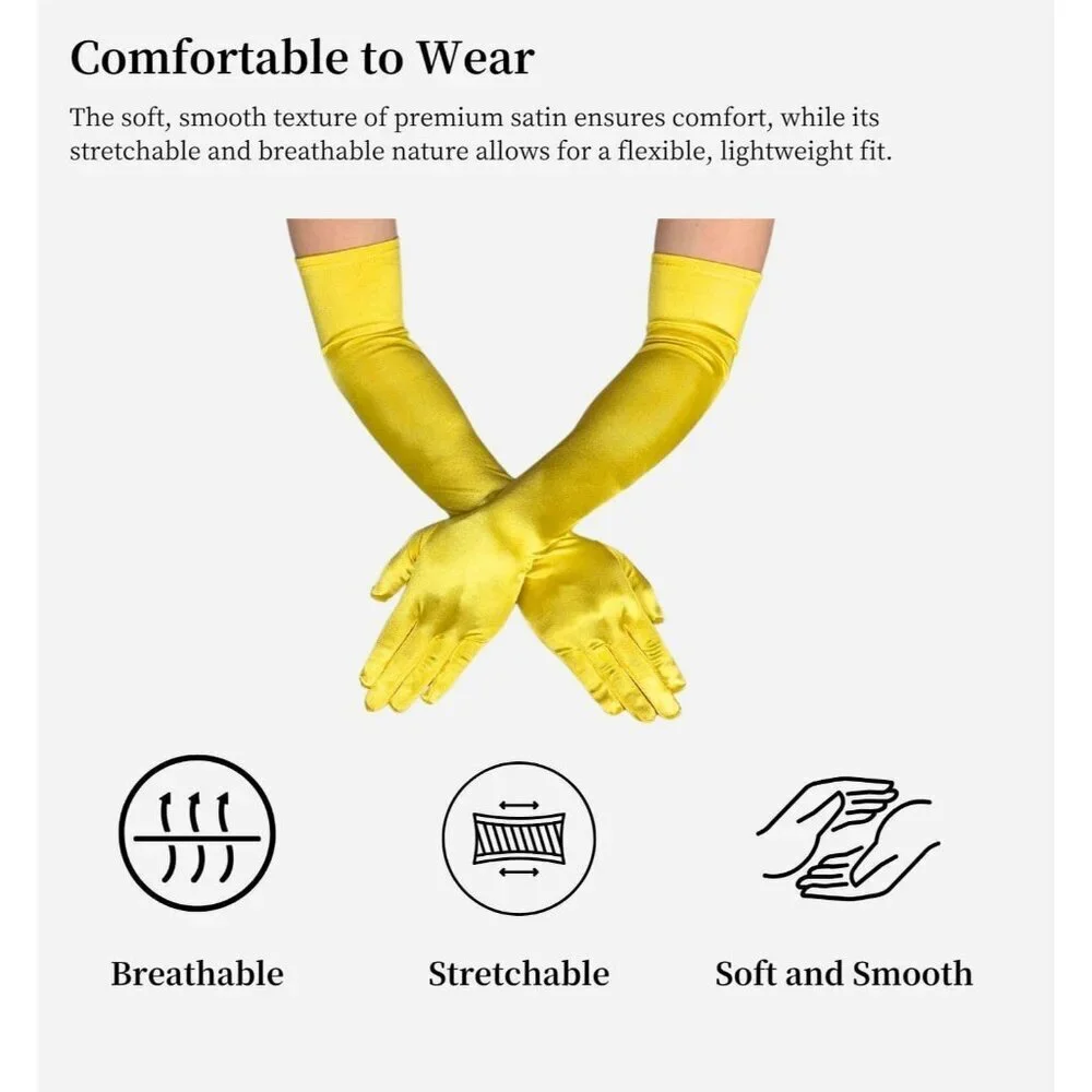 Women's Elbow Length Yellow Long Satin Gloves Costume Princess Party Accessories